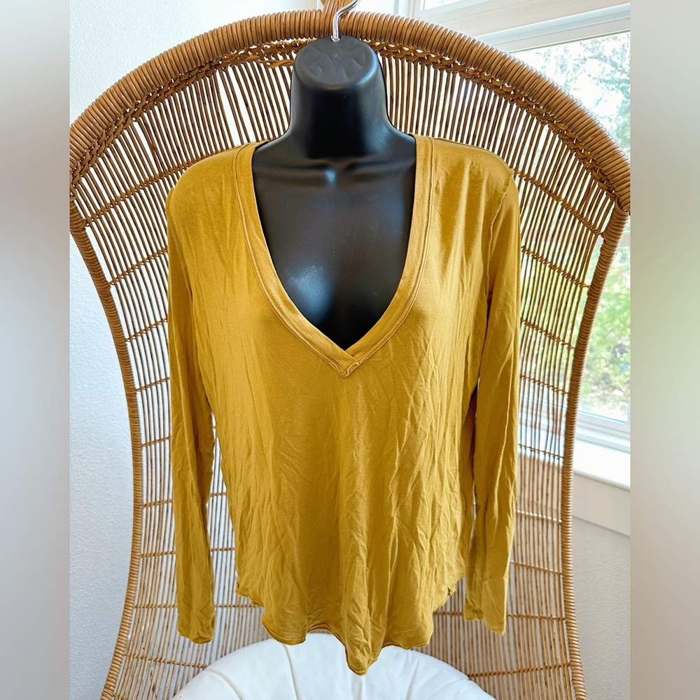 Free People We The Free Long Sleeve V Neck Golden Mustard Top Shirt Size Small